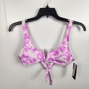 California Waves Bikini Top Pink Print Tie Front V-Wire Medium‎